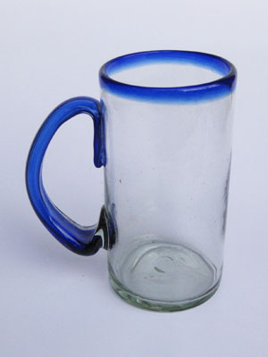 MEXICAN GLASSWARE / 'Cobalt Blue Rim' large beer mugs (set of 6)